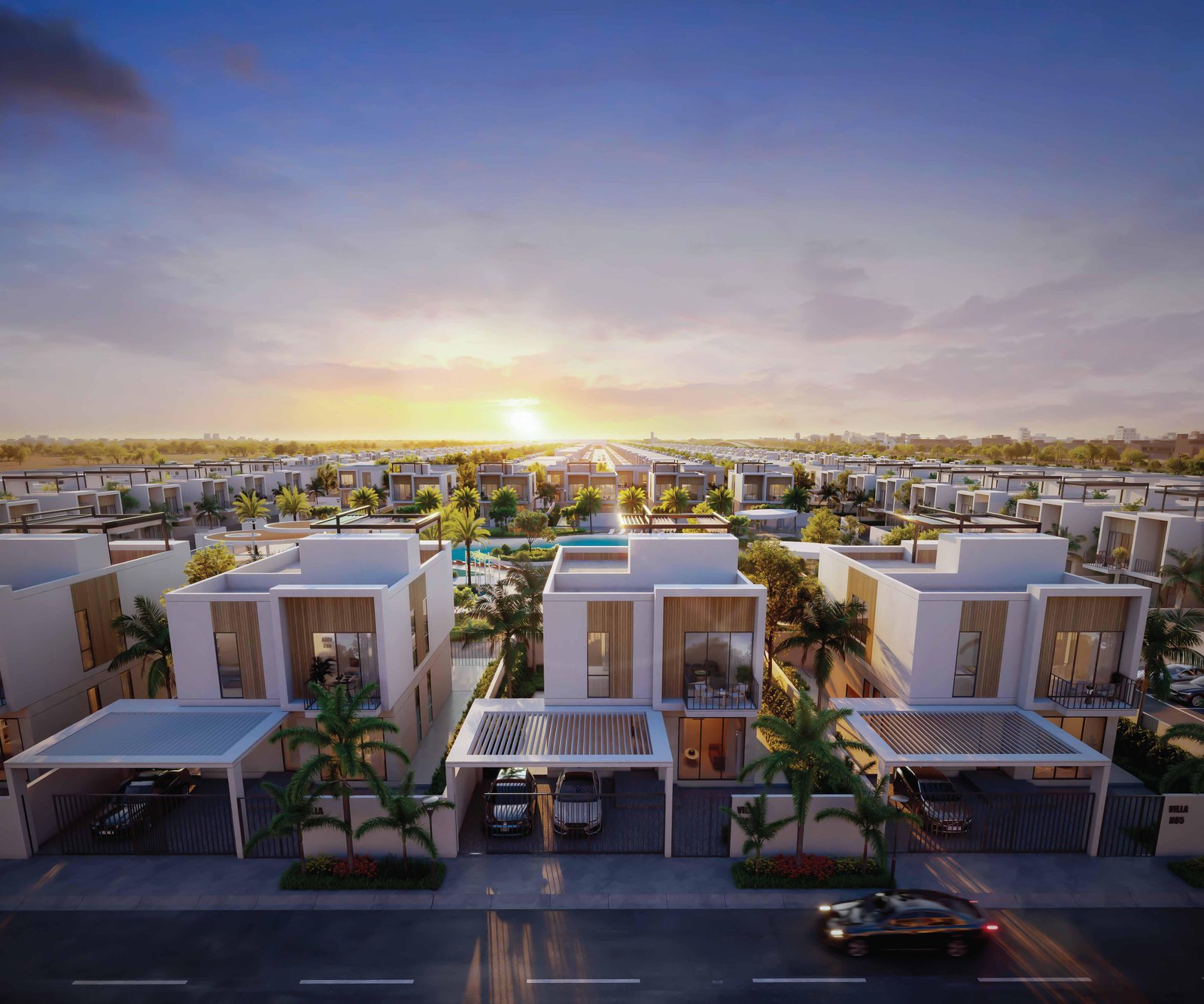 Exterior view of Sukoon by Sanzen luxury town houses in Sharjah